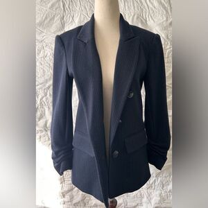 1. State Women's Faux Double Breasted Blazer Ruched Sleeve Navy Blue Pinstriped